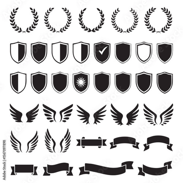 Obraz Collection of black heraldic shields laurel wreaths wings and banners on white background