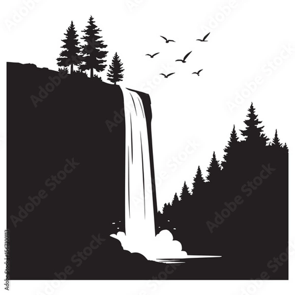 Fototapeta Waterfall Cliff Silhouette with Pine Trees and Birds in Forest Vector