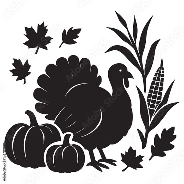 Fototapeta Thanksgiving Turkey Silhouette with Pumpkins, Corn, and Autumn Leaves, Fall Harvest Vector Design