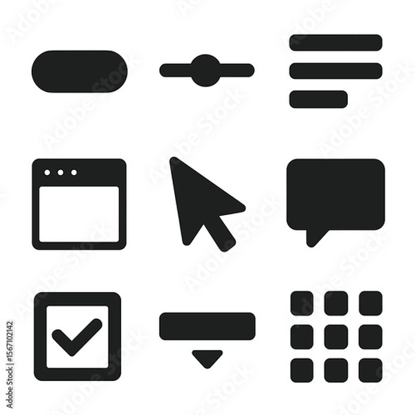 Fototapeta UI Icon Set. Solid, filled icon set of user interface design: button, slider, menu, window, cursor, dialog box, checkbox, dropdown