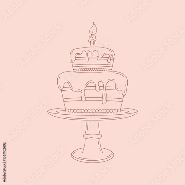 Fototapeta Line art of a large two-tier cake with candle on a stand. Perfect for birthday, celebration, bakery, and sweet dessert-themed designs. Minimalist pink background.

