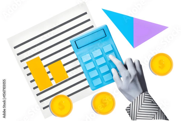 Fototapeta Hand with calculator, paper document and golden coins. Modern photo collage style. Illustration on transparent background