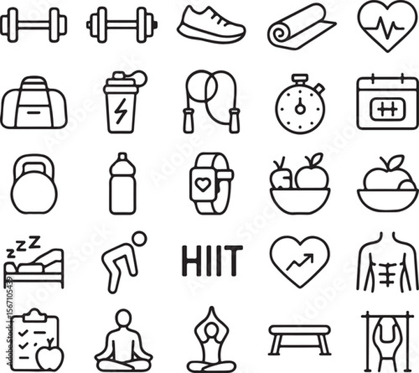 Fototapeta Collection of simple outline icons representing various fitness and wellness activities including exercise equipment healthy food and lifestyle elements