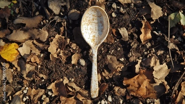 Fototapeta Vintage Spoon Surrounded by Dry Leaves and Soil in Nature Setting