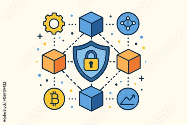 Fototapeta Blockchain technology network concept with secure decentralized data. Cryptocurrency and fintech illustration. Modern flat cartoon vector of digital blocks, shield, lock, and bitcoin.