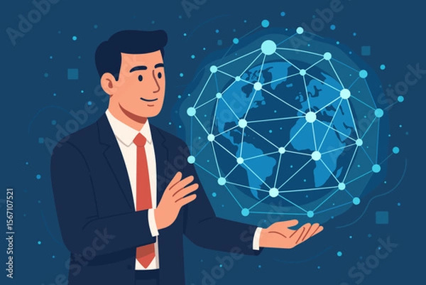Fototapeta Businessman holding a global network structure over a digital Earth. Concept of international business, internet technology, data exchange, big data analytics, and communication.
