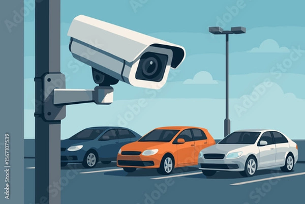 Fototapeta CCTV security camera monitoring a parking lot. Concept of video surveillance system for safety, vehicle protection, and crime prevention. Outdoor car park security. Flat vector illustration.