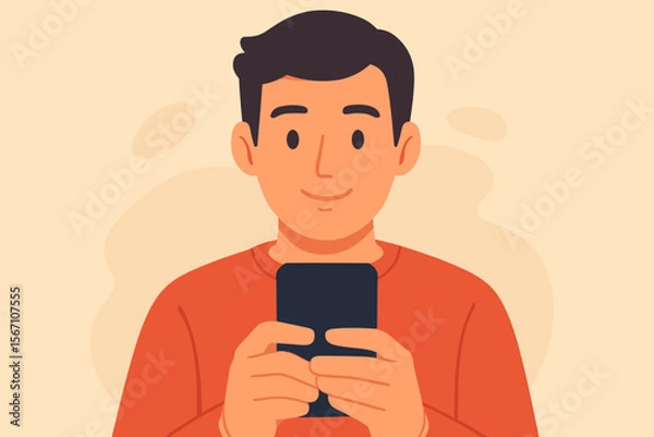 Fototapeta Young smiling man holding a mobile smart phone, texting or browsing. Modern flat vector cartoon illustration. Concept of digital technology, lifestyle, communication, social media.