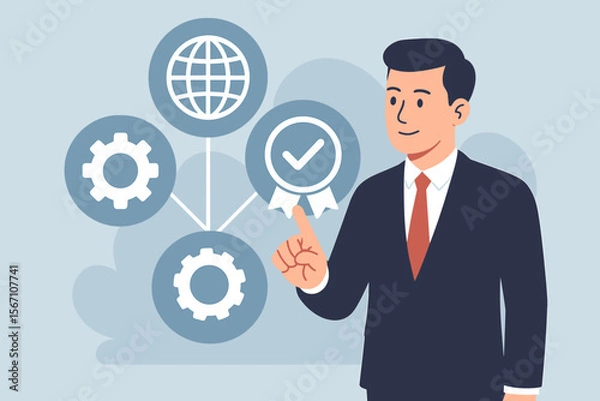 Fototapeta ISO 9001 certification concept. Businessman pointing at a quality standard medal. Quality management system, QMS, standardization, and audit for international business success.