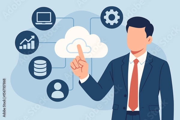 Fototapeta SaaS software as a service concept, businessman in suit interacting with cloud computing icons, data storage, analytics, user management, technology, internet network, digital business solutions