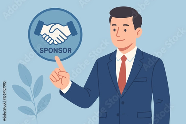 Fototapeta Business Sponsorship Partnership Concept. Handshake Agreement. Corporate Sponsor Funding. Businessman Pointing Sponsor Icon. Financial Support Collaboration. Flat Vector Illustration
