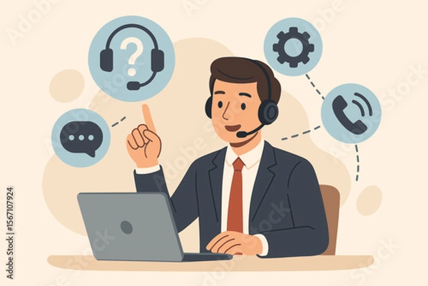 Fototapeta Customer Support Service Concept Illustration. Call Center Agent with Headset Working on Laptop. Communication, Help Desk, Technical Assistance, Online Chat, Phone Support, Flat Vector Cartoon