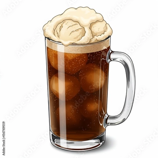 Fototapeta Frothy root beer float with cream in a clear glass mug refreshing drink illustration
