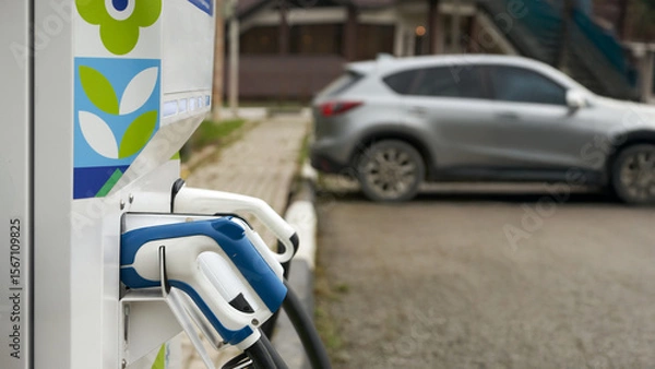 Fototapeta Element of transport infrastructure. Fragment of an electric charging station with charging ports. In the background is a hybrid electric car.