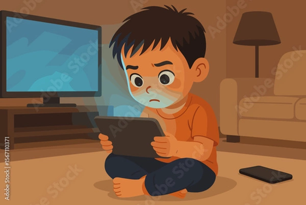 Fototapeta Overstimulated children and screen time addiction concept. Sad Asian boy hypnotized by tablet screen in a dark room. Too much exposure to digital devices like TV and smartphone.