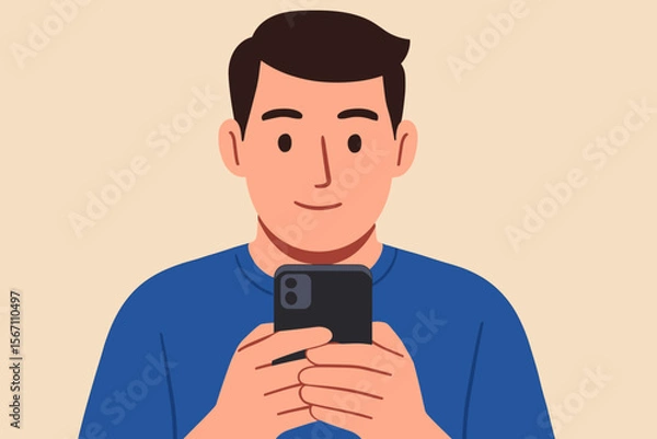 Fototapeta Modern flat vector illustration of young man in blue shirt using smartphone, digital technology lifestyle, communication, social media, mobile device addiction, internet connection concept
