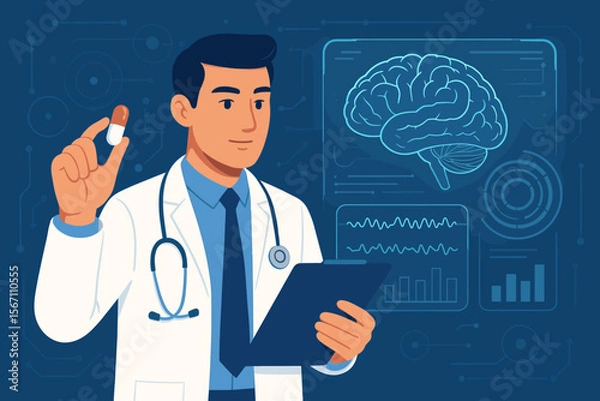 Fototapeta Futuristic doctor analyzing brain scan results with digital holographic interface, holding drug capsule, innovative medical technology, neurology healthcare, modern medicine concept
