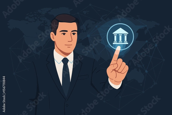 Fototapeta Businessman Touching Virtual Bank Icon. Digital Banking Technology, Online Financial Services, Fintech Innovation, Secure Transactions, Global Finance Network, Modern Banking Concept Illustration