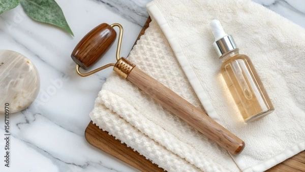 Fototapeta Holistic Beauty Tools with Wooden Massage Wand and Glass Serum Vial Resting on Soft Cloth over Marble Slab