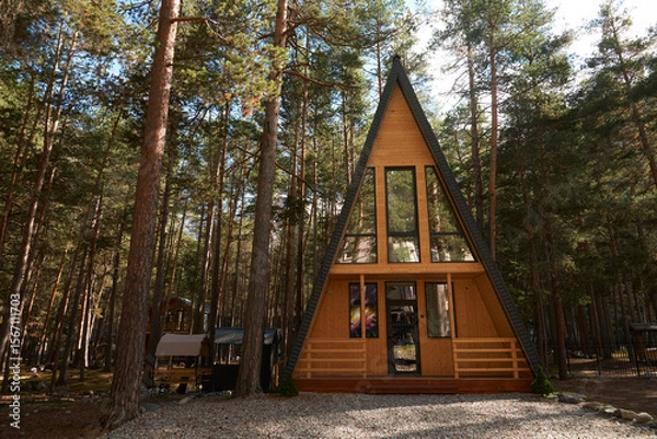 Fototapeta Triangular shaped chalet in a secluded location surrounded by mountain pines.
