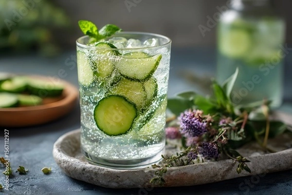 Fototapeta Icy cucumber and mint drink with sparkling water, served in a sleek tall glass, natural herbs and stone tray complete the fresh scene.