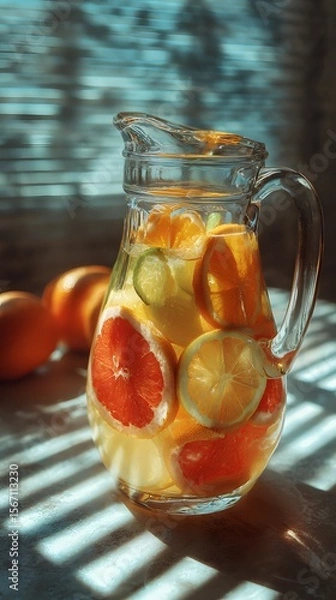 Fototapeta Refreshing citrus carafe with vibrant slices of grapefruit, orange, and lemon, sunlight filters through window blinds.