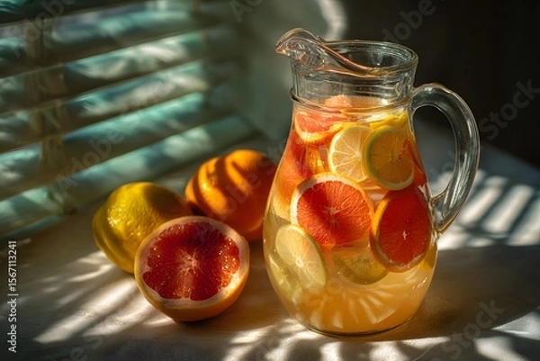 Fototapeta Natural light pouring over citrus juice in a carafe with slices of fresh fruits, creating a refreshing and artistic still life.