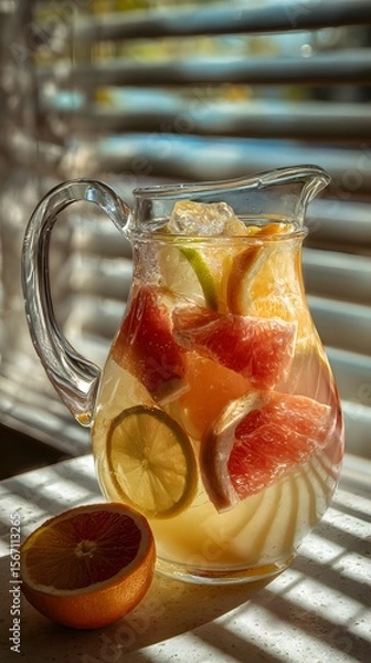 Fototapeta Bright citrus juice in carafe with orange, lemon, and grapefruit slices, sunshine casting artistic shadows across the table.