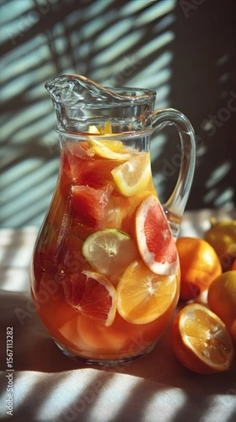 Fototapeta Refreshing citrus drink in a glass pitcher, floating fruit slices, bright natural light and striped shadows from window blinds.