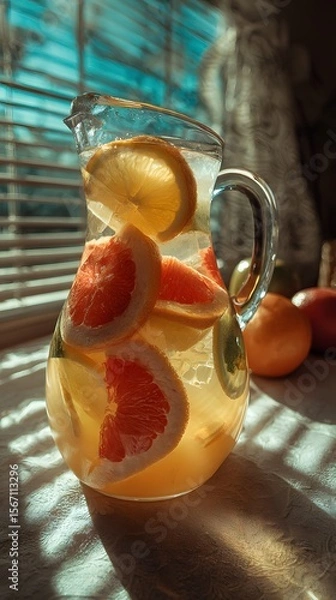 Fototapeta Colorful citrus juice blend in a glass carafe with floating fruit slices, sunlight streaming through blinds casting soft diagonal shadows.