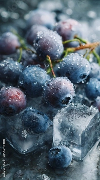 Fototapeta Chilled blueberries arranged on clear ice cubes, metal tray underneath, macro focus with condensation detail.
