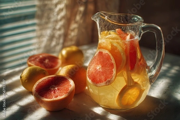 Fototapeta Glass carafe filled with colorful citrus juice and fruit slices, lit by diagonal sunlight and surrounded by a fresh summer vibe.