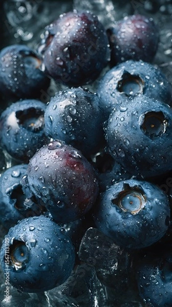 Fototapeta Macro overhead of blueberries and ice on metal surface, covered in droplets, styled in icy cool palette.