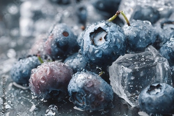 Fototapeta Macro photo of frozen blueberries and melting ice on silver tray, cold color grading and refreshing texture.