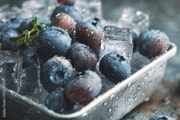 Fototapeta Frozen blueberries scattered over ice cubes on a metal tray, macro overhead shot with water droplets and cold blue tones.