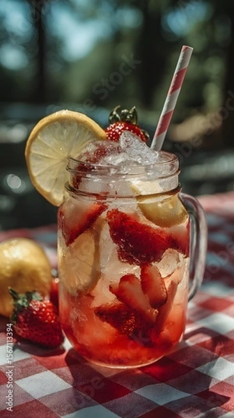 Fototapeta Iced strawberry lemonade in mason jar with colorful straw and fruit slices, set on checkered cloth in natural sunlight.