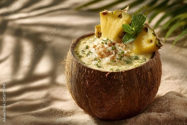 Fototapeta Vibrant smoothie in halved coconut with pineapple chunks, kiwi slices, and mint, styled on sandy texture with palm shadows.