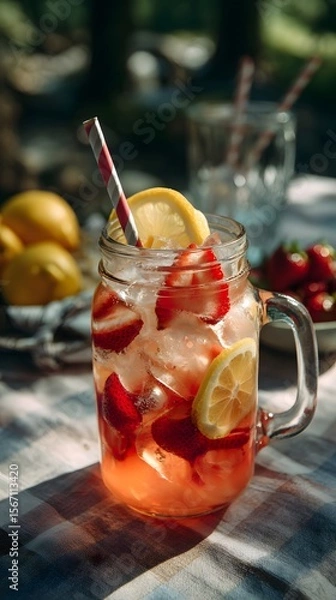 Fototapeta Refreshing strawberry lemonade in mason jar with lemon wheels and ice, resting on picnic cloth in warm daylight.