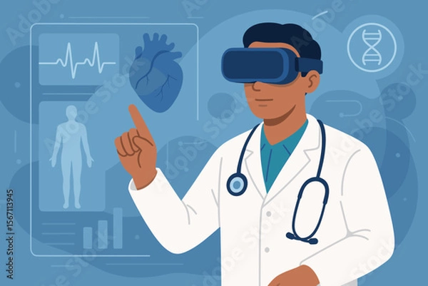 Fototapeta Futuristic Doctor Using Virtual Reality Glasses for Patient Diagnosis, Medical Simulation, Health Data Analysis, Innovation, Science, Technology, Digital Healthcare, Human Anatomy, Heart Monitoring