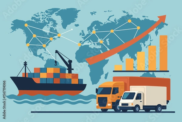 Fototapeta Global Logistics and Transportation Network Growth. Container Cargo Ship, Freight Trucks, Supply Chain Distribution, Shipping, Delivery, Export, Import, International Trade, Modern Vector Illustration