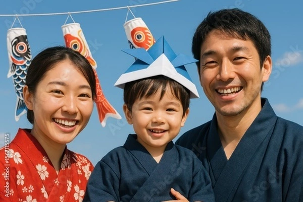 Fototapeta                                        A smiling Japanese family with a son in a paper helmet pose with Koinobori on Children's Day. Concept of: Celebrating family in Japanese style.  