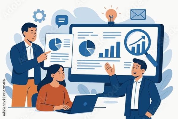 Fototapeta Business team collaboration for data analysis and digital marketing strategy. People in meeting analyzing statistics, charts and graphs on screen. Corporate growth concept illustration.