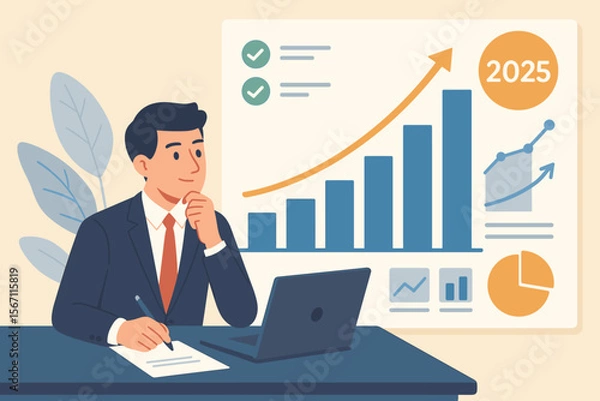 Obraz Businessman analyzes financial data for 2025. Analyst calculates company profitability and plans long-term investment strategy with growth charts. Business success and forecast concept.