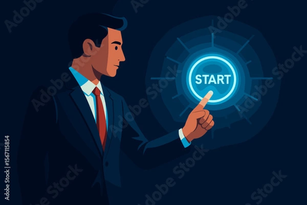 Fototapeta Businessman presses a glowing virtual start button. Metaphor for new beginnings, business launch, project startup, career opportunities, and future technology innovation. Vector.