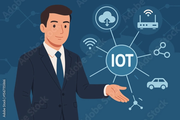 Fototapeta Internet of Things IoT technology concept. Businessman showing a virtual screen interface with a network diagram. Icons for cloud computing, smart car, and wireless connectivity.