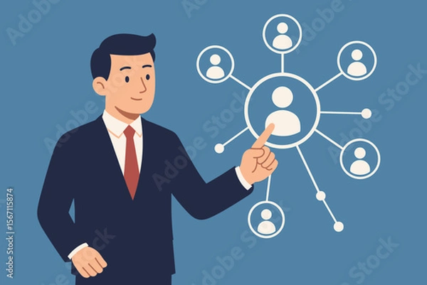 Fototapeta Businessman managing team structure. HR manager pointing at a network of people icons. Human resources, recruitment, and talent acquisition concept. Modern flat vector cartoon illustration.