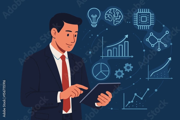 Fototapeta Businessman using a tablet for data science and analysis. Business intelligence concept with modern technology, AI, innovation, and creative ideas for financial growth and development.
