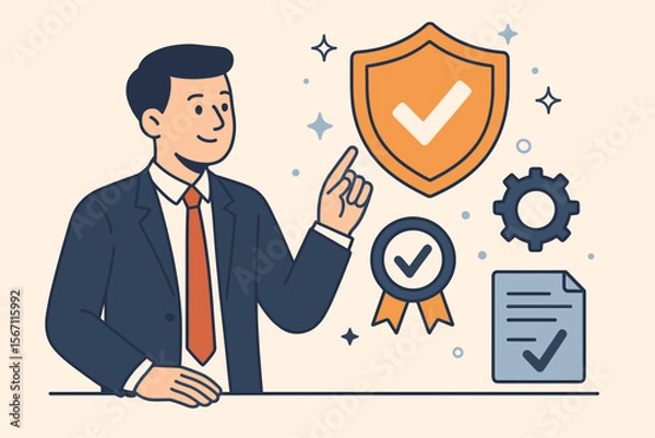 Fototapeta Businessman Illustrating Quality Assurance, Service Guarantee, ISO Certification, Standardization, Quality Management, Compliance Standards, Business Process Improvement, Corporate Excellence Concept