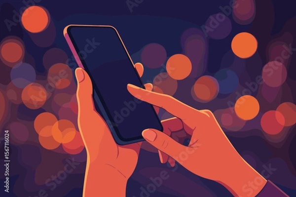 Fototapeta Close up hands holding smartphone night city bokeh. Female using mobile phone illuminated by colorful street lights. Modern flat vector illustration. Urban technology communication concept