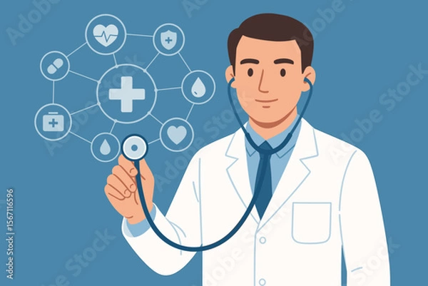 Fototapeta Medical doctor holding stethoscope with healthcare network icons, hospital symbols, heart, cross, blood drop, digital medicine, modern flat vector illustration, healthcare technology concept